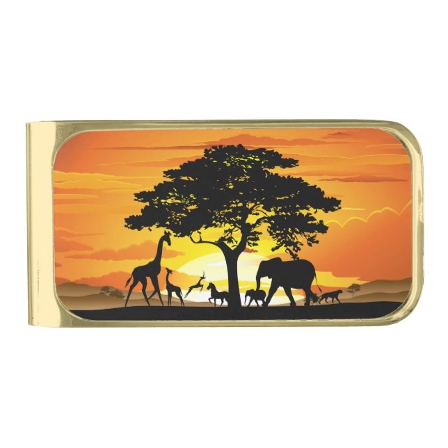 Wild Animals on African Savanna Sunset Gold Finish Money Clip (Front)
