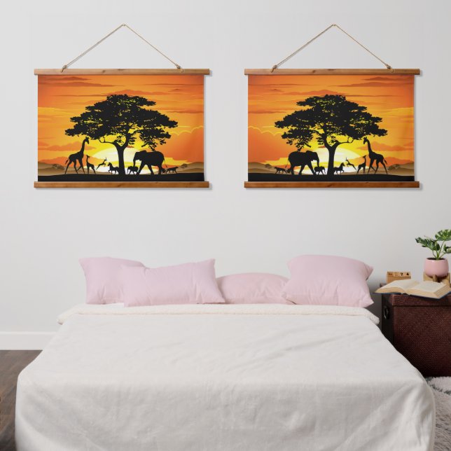 Wild Animals on African Savanna Sunset Hanging Tapestry (Bedroom)