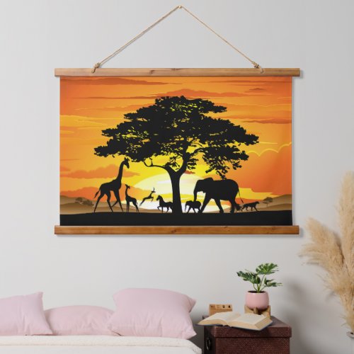 Wild Animals on African Savanna Sunset Hanging Tapestry