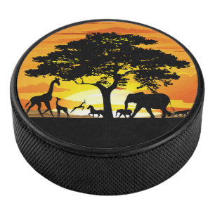 Wild Animals on African Savanna Sunset Hockey Puck