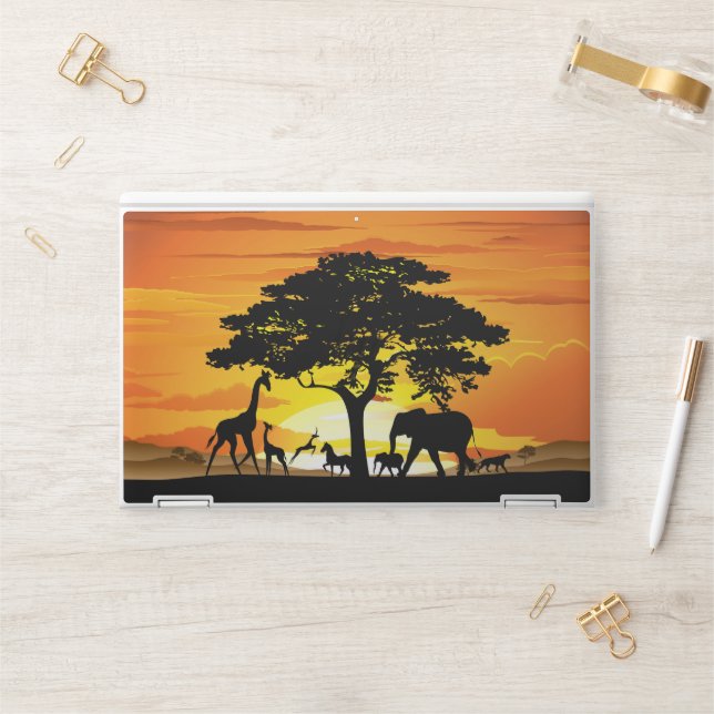 Wild Animals on African Savanna Sunset HP Laptop Skin (Desk)