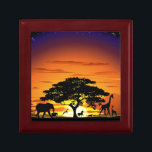 Wild Animals on African Savanna Sunset Jewelry Box<br><div class="desc">Stunning,  Bright and Peaceful Sunset on Wild African Savanna Landscape with Wild Animals Shapes. Originally created with Hi Quality / Hi Resolugion Vector Graphic Art Technique Copyright BluedarkArt TheChameleonArt.</div>