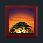 Wild Animals on African Savanna Sunset Jewelry Box<br><div class="desc">Stunning,  Bright and Peaceful Sunset on Wild African Savanna Landscape with Wild Animals Shapes. Originally created with Hi Quality / Hi Resolugion Vector Graphic Art Technique Copyright BluedarkArt TheChameleonArt.</div>