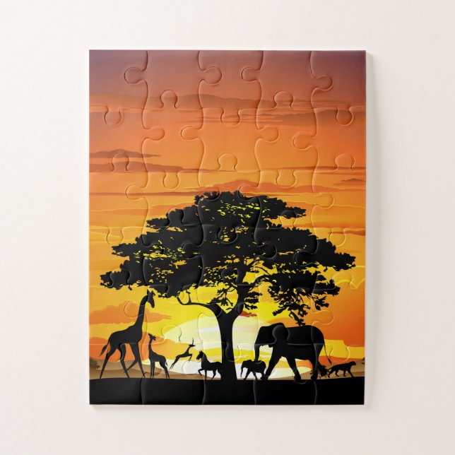 Wild Animals on African Savanna Sunset Jigsaw Puzzle (Vertical)