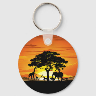 Wild Animals on African Savanna Sunset Keychain