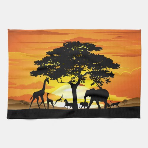 Wild Animals on African Savanna Sunset Kitchen Towel
