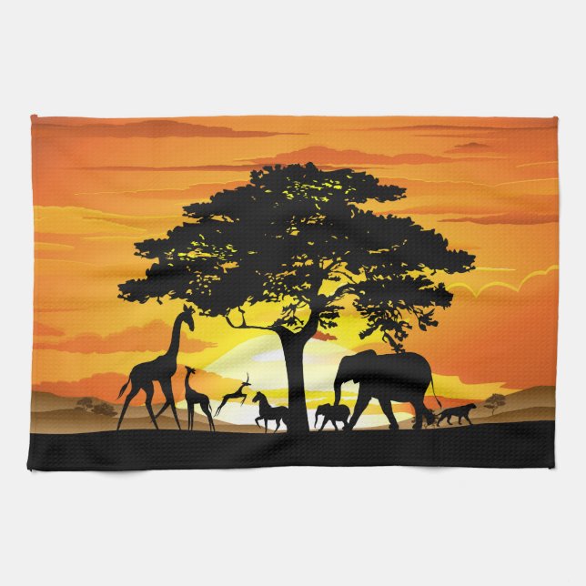 Wild Animals on African Savanna Sunset Kitchen Towel (Horizontal)