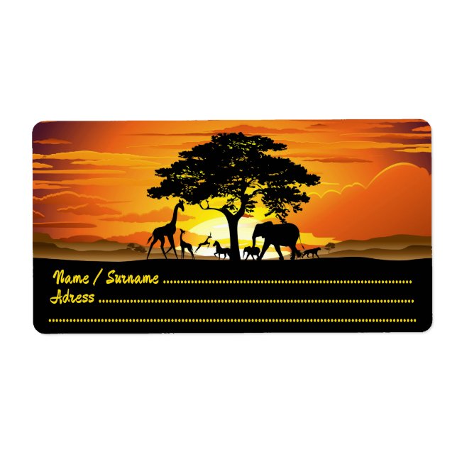Wild Animals on African Savanna Sunset Label (Front)