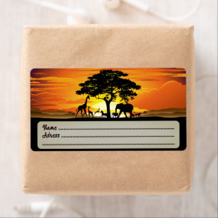 Wild Animals on African Savanna Sunset Label