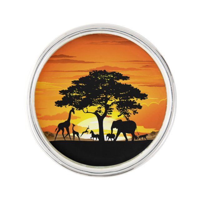 Wild Animals on African Savanna Sunset Lapel Pin (Front)
