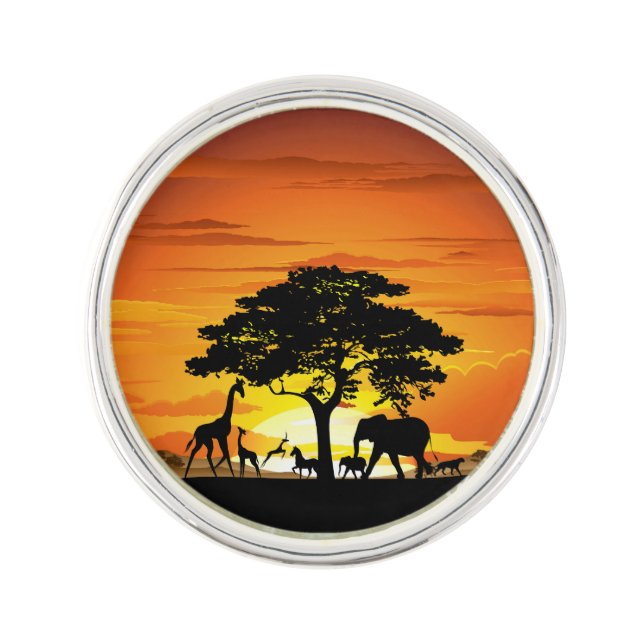 Wild Animals on African Savanna Sunset Lapel Pin (Front)