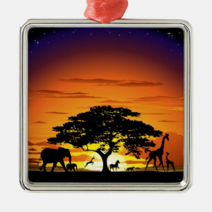 Wild Animals on African Savanna Sunset Metal Ornament