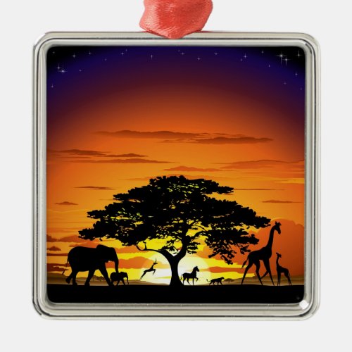 Wild Animals on African Savanna Sunset Metal Ornament
