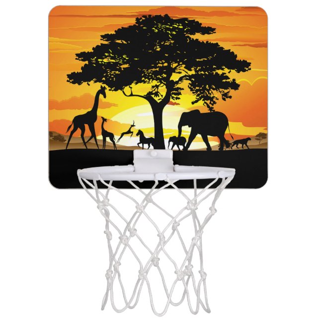 Wild Animals on African Savanna Sunset Mini Basketball Hoop (Front)