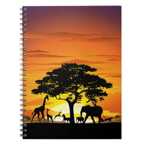 Wild Animals on African Savanna Sunset Notebook