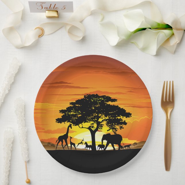Wild Animals on African Savanna Sunset Paper Plates (Wedding)