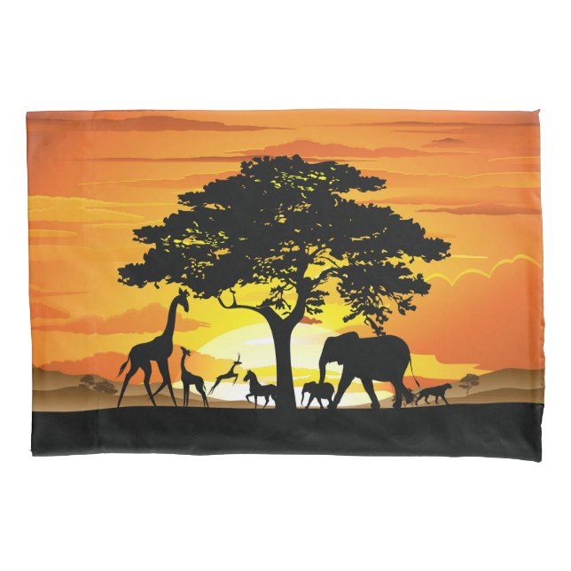 Wild Animals on African Savanna Sunset Pillow Case (Front)