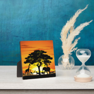 Wild Animals on African Savanna Sunset Plaque