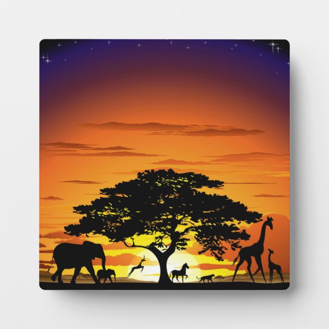 Wild Animals on African Savanna Sunset Plaque (Front)