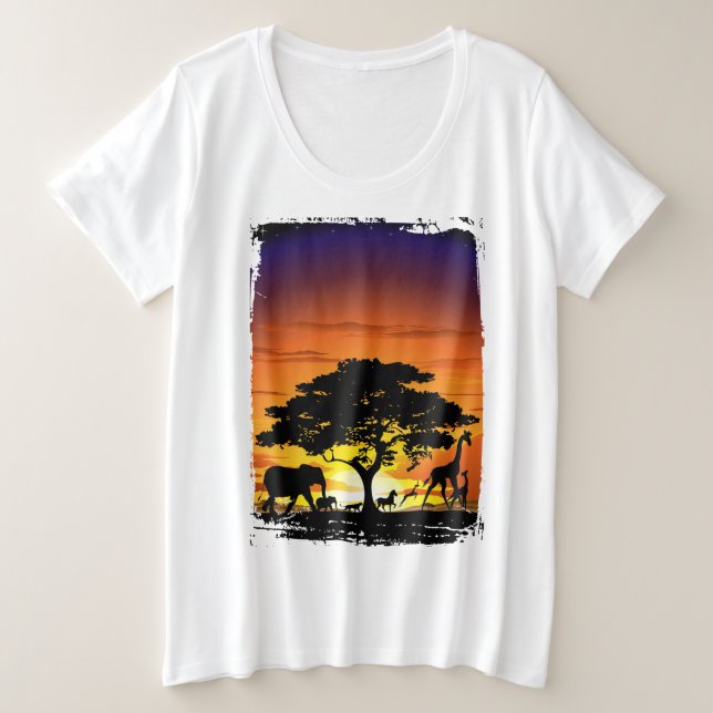 Wild Animals on African Savanna Sunset Plus Size T-Shirt (Design Front)