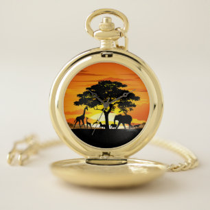 Wild Animals on African Savanna Sunset Pocket Watch
