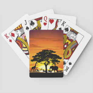 Wild Animals on African Savanna Sunset Poker Cards