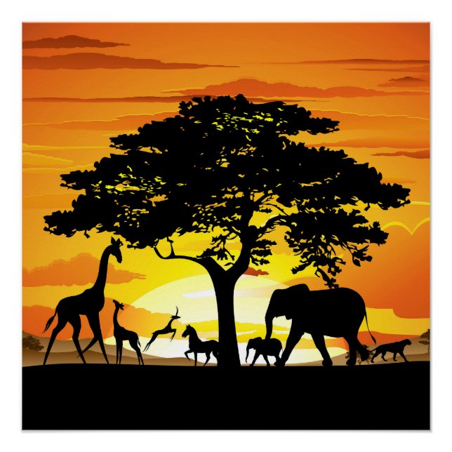 Wild Animals on African Savanna Sunset Poster (Front)