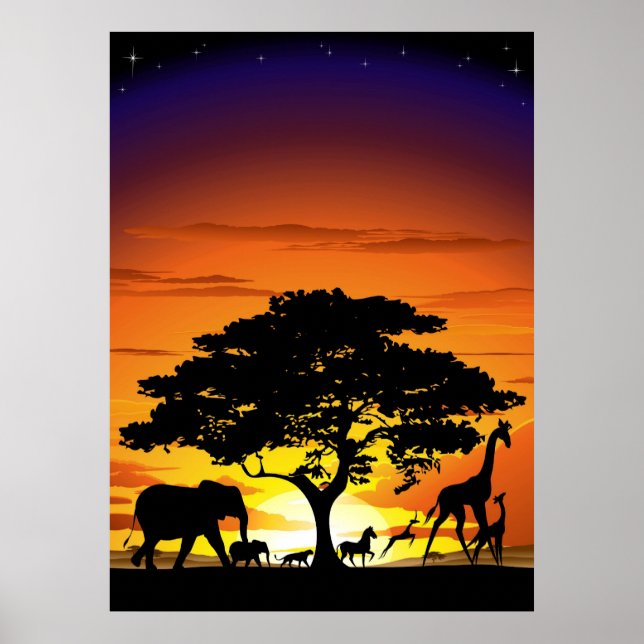 Wild Animals on African Savanna Sunset Poster (Front)