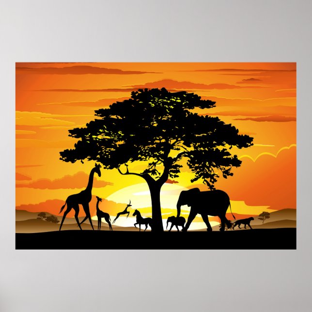 Wild Animals on African Savanna Sunset Poster (Front)