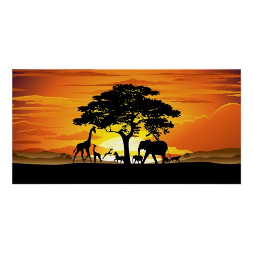 Wild Animals on African Savanna Sunset Poster