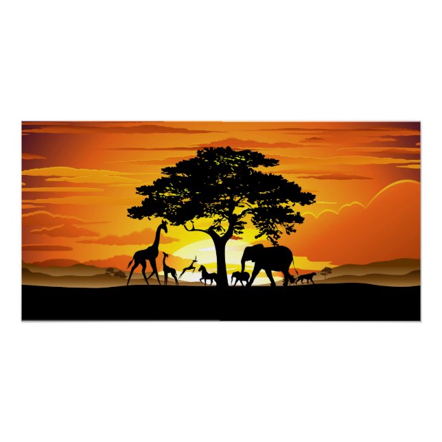 Wild Animals on African Savanna Sunset Poster (Front)