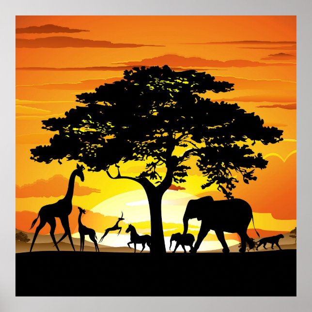 Wild Animals on African Savanna Sunset Poster (Front)