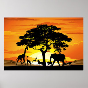Wild Animals on African Savanna Sunset Poster