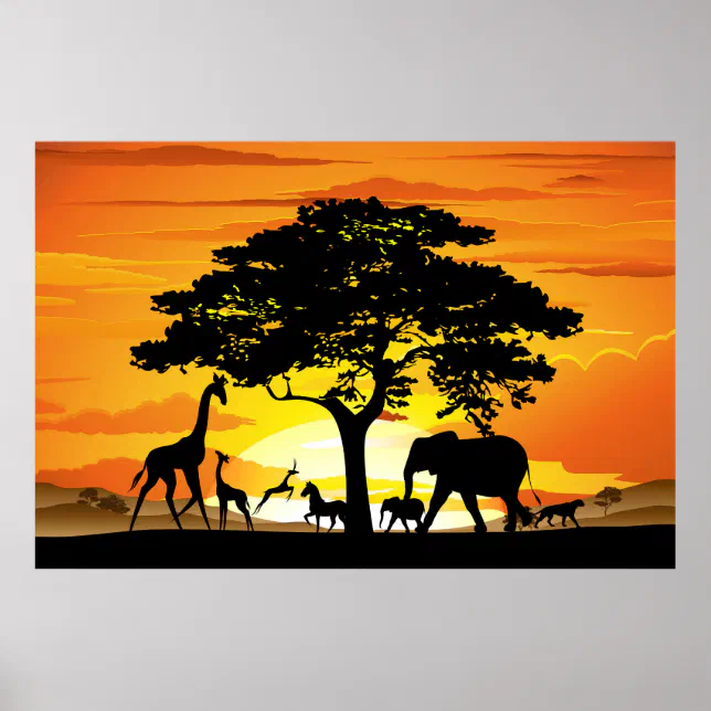 Wild Animals on African Savanna Sunset Poster | Zazzle