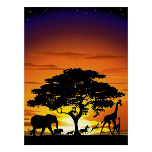 Wild Animals on African Savanna Sunset Poster