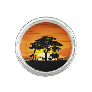 Wild Animals on African Savanna Sunset Ring