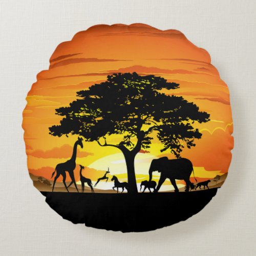 Wild Animals on African Savanna Sunset Round Pillow