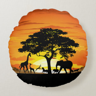Wild Animals on African Savanna Sunset Round Pillow