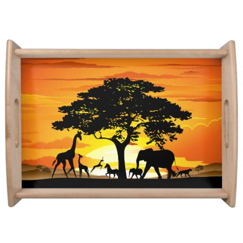 Wild Animals on African Savanna Sunset Serving Tray