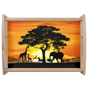 Wild Animals on African Savanna Sunset Serving Tray