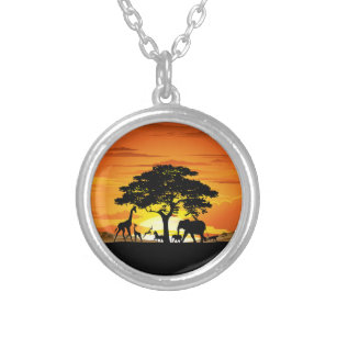 Wild Animals on African Savanna Sunset Silver Plated Necklace