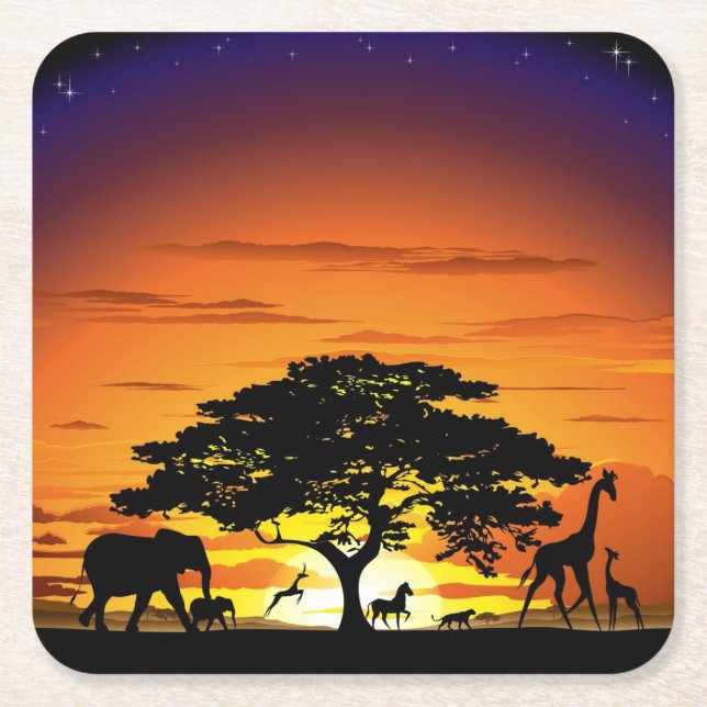 Wild Animals on African Savanna Sunset Square Paper Coaster (Front)