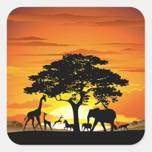 Wild Animals on African Savanna Sunset Square Sticker