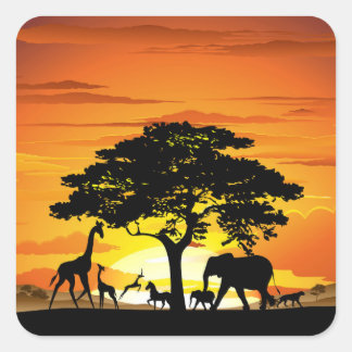 Wild Animals on African Savanna Sunset Square Sticker