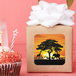 Wild Animals on African Savanna Sunset Square Sticker