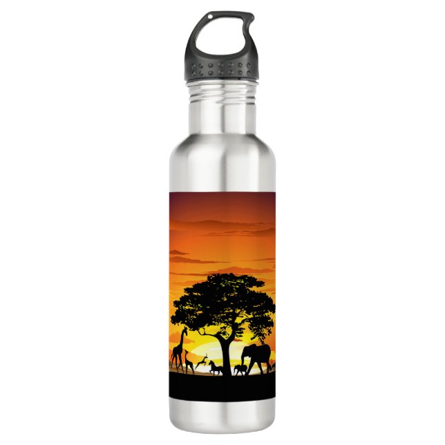 Wild Animals on African Savanna Sunset Stainless Steel Water Bottle (Front)