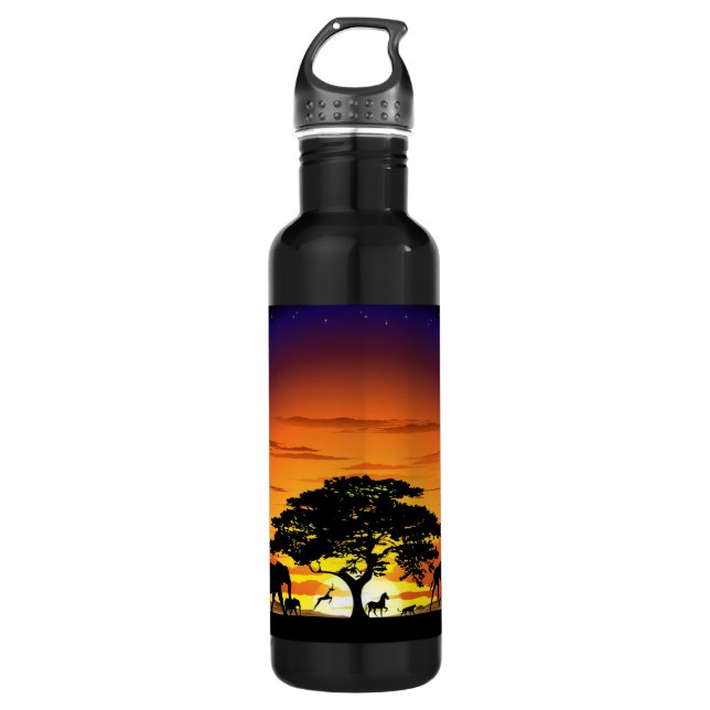 Wild Animals on African Savanna Sunset Stainless Steel Water Bottle (Front)