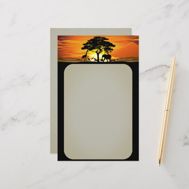 Wild Animals on African Savanna Sunset Stationery (Front/Back In Situ)