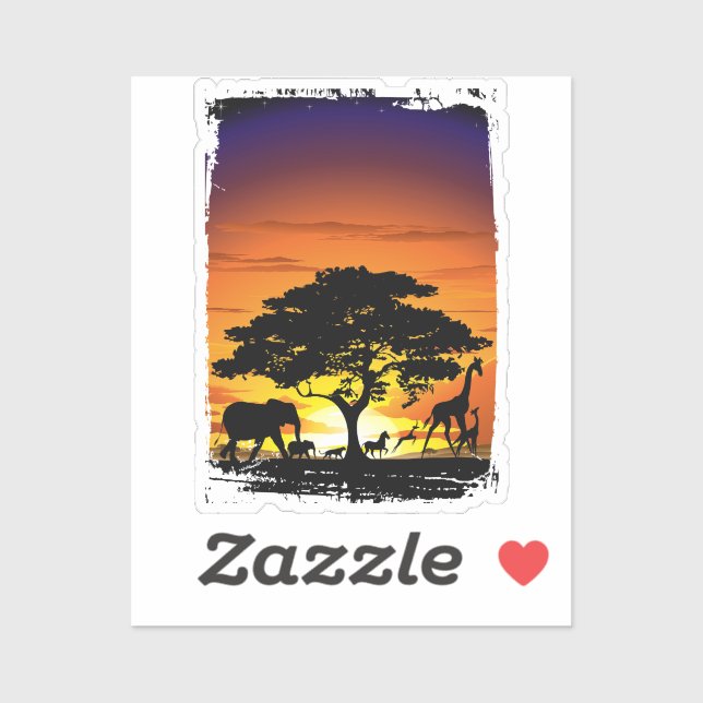 Wild Animals on African Savanna Sunset Sticker (Sheet)