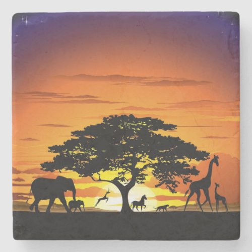 Wild Animals on African Savanna Sunset Stone Coaster